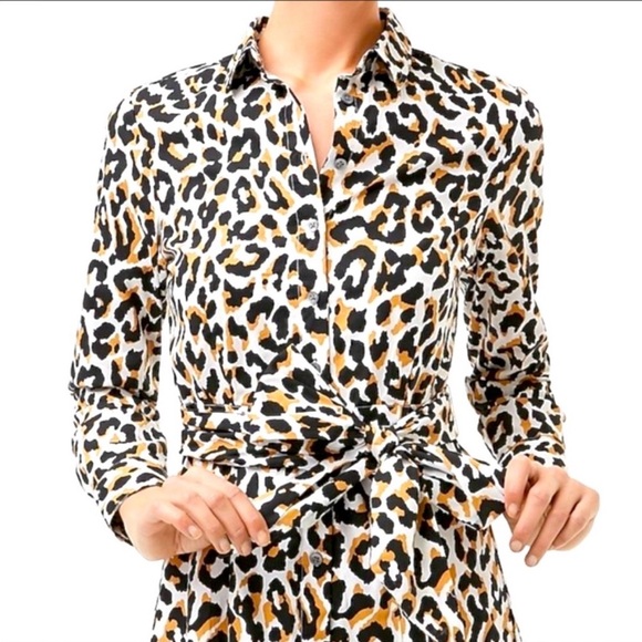 NEW J. Crew Leopard Print Tie Waist Shirt Dress Size 10 Cotton Poplin Casual - Picture 2 of 12